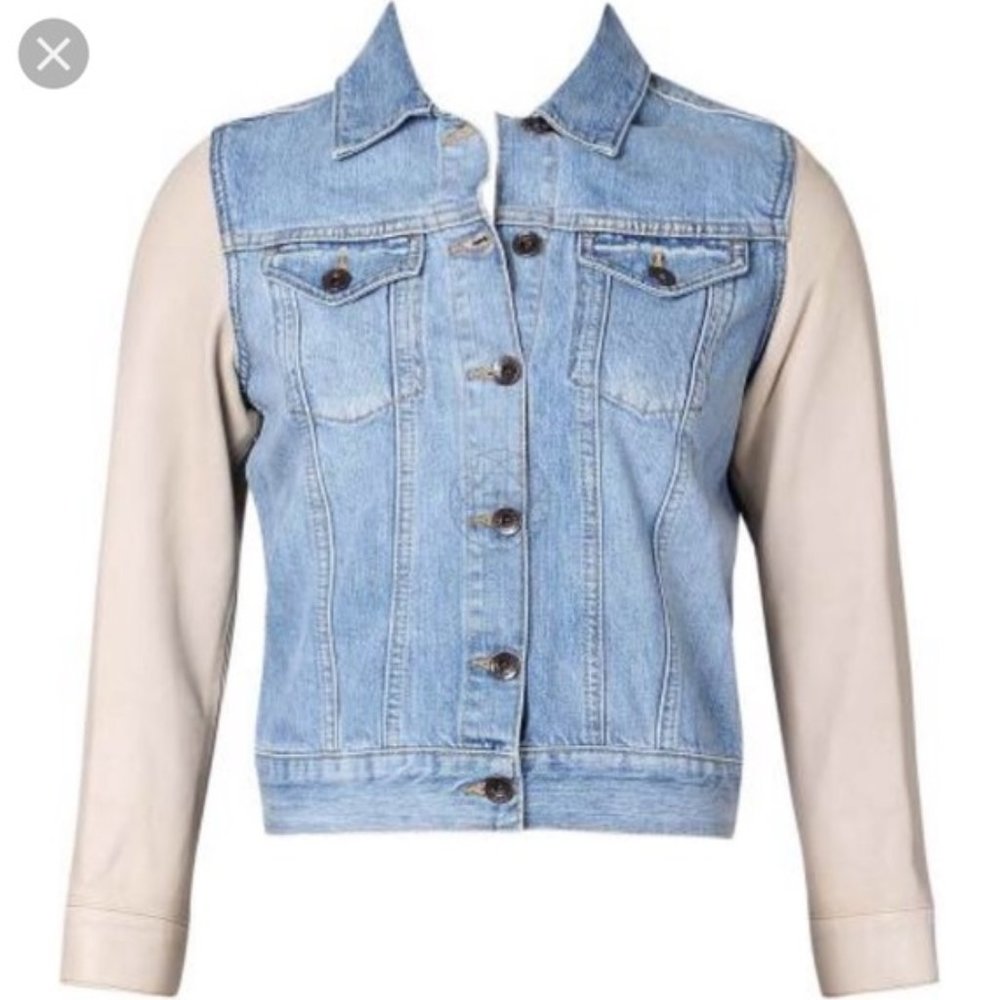 Sandro Blue Denim Jacket Contrast Leather Sleeves